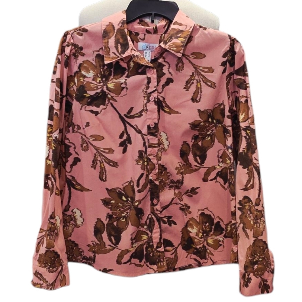 Denim & Co. Pink and Brown Floral Blouse